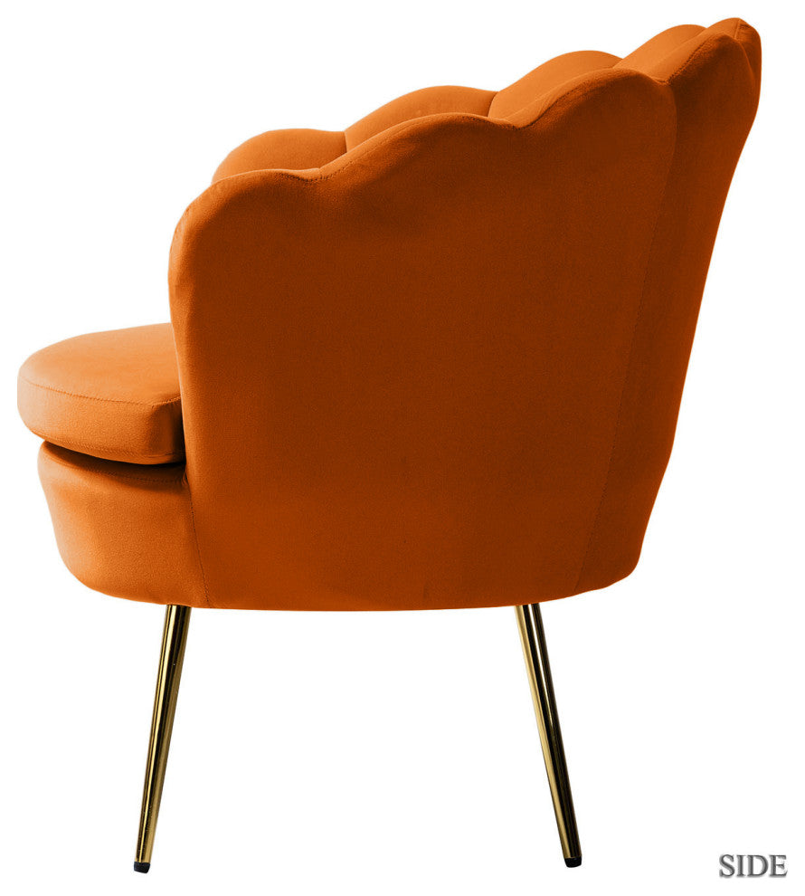 Velvet Accent Barrel Chair With Scalloped Seashell Edges Set of 2, Orange