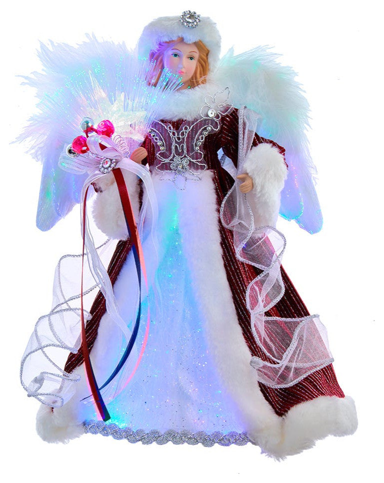 12" White, Silver and Burgundy Angel Tree Topper, LED Lights