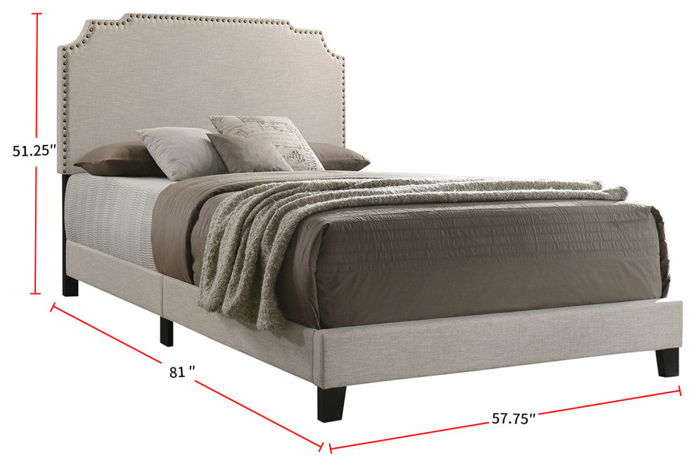 Upholstered Full Bed with Nailhead Trim, Beige