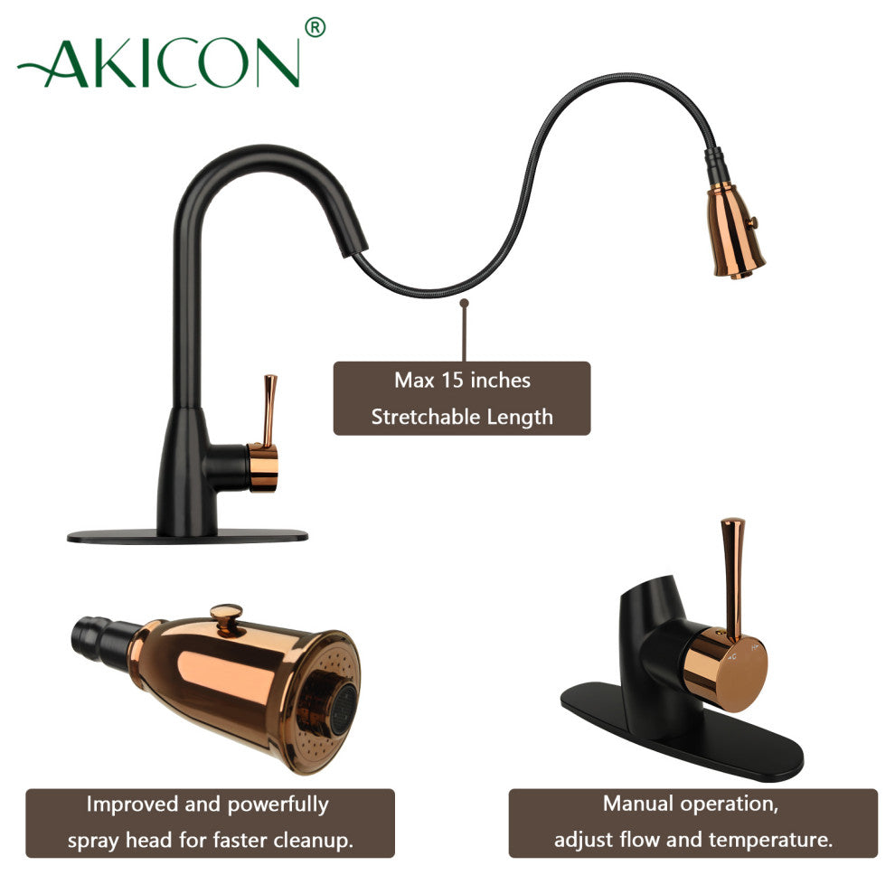 Pull Down Kitchen Faucet With Deck Plate, Two-Tone Matte Black and Rose Gold