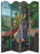 Leatherette Wooden 4 Panel Room Divider with Peacock Motif, Multicolor