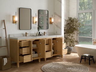 Elizabeth 84 Double Sink Bath Vanity in Light Natural Teak 2" Calacatta Laza