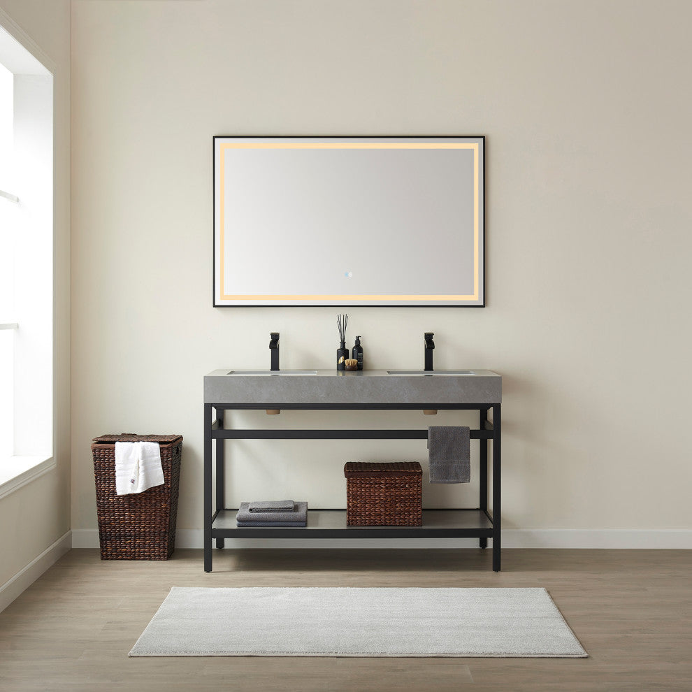 Funes Bath Vanity with Mirror, Matte Black Support, 60" Double Sink, Grey Stone Top
