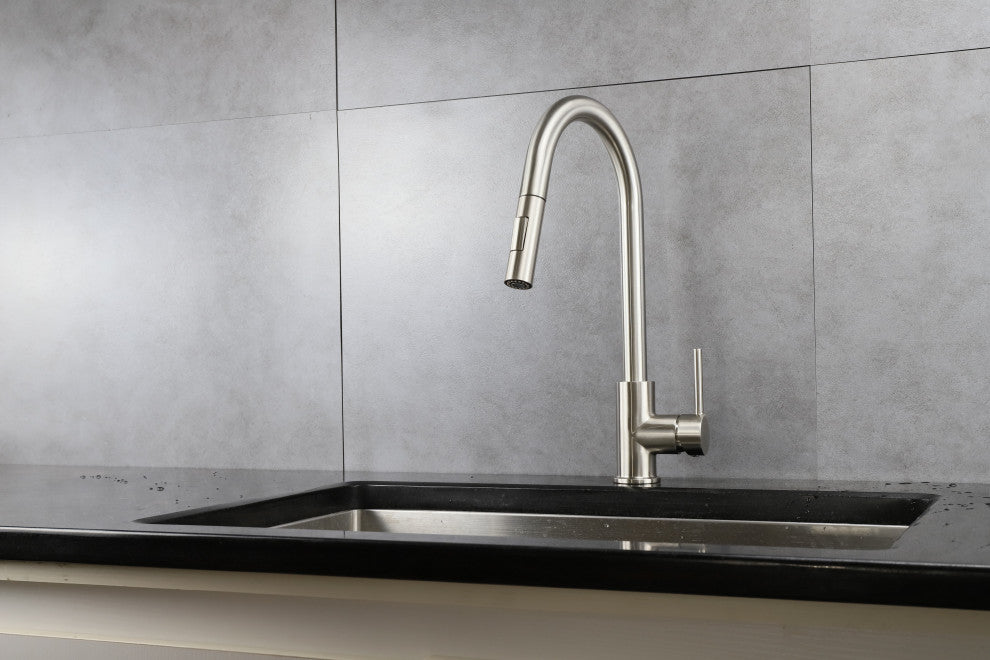 Olivi Brass Kitchen Faucet, Pull Out Sprayer, Brushed Nickel Finish