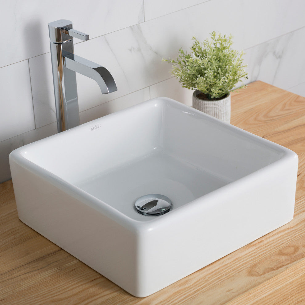 Elavo Square Ceramic Vessel Sink, Bathroom Ramus Faucet, PU Drain, Chrome