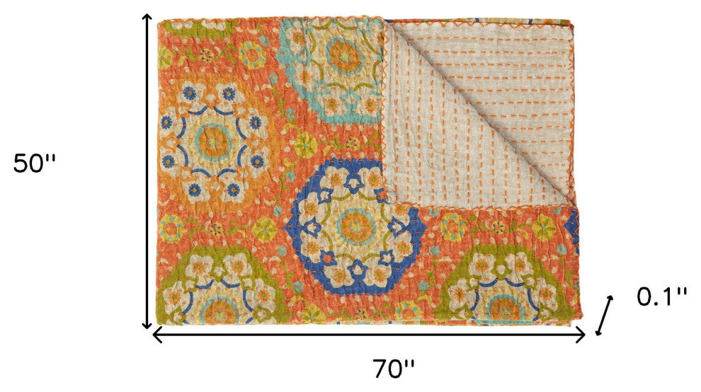 50" X 70" Orange and Blue Kantha Cotton Floral Throw Blanket with Embroidery