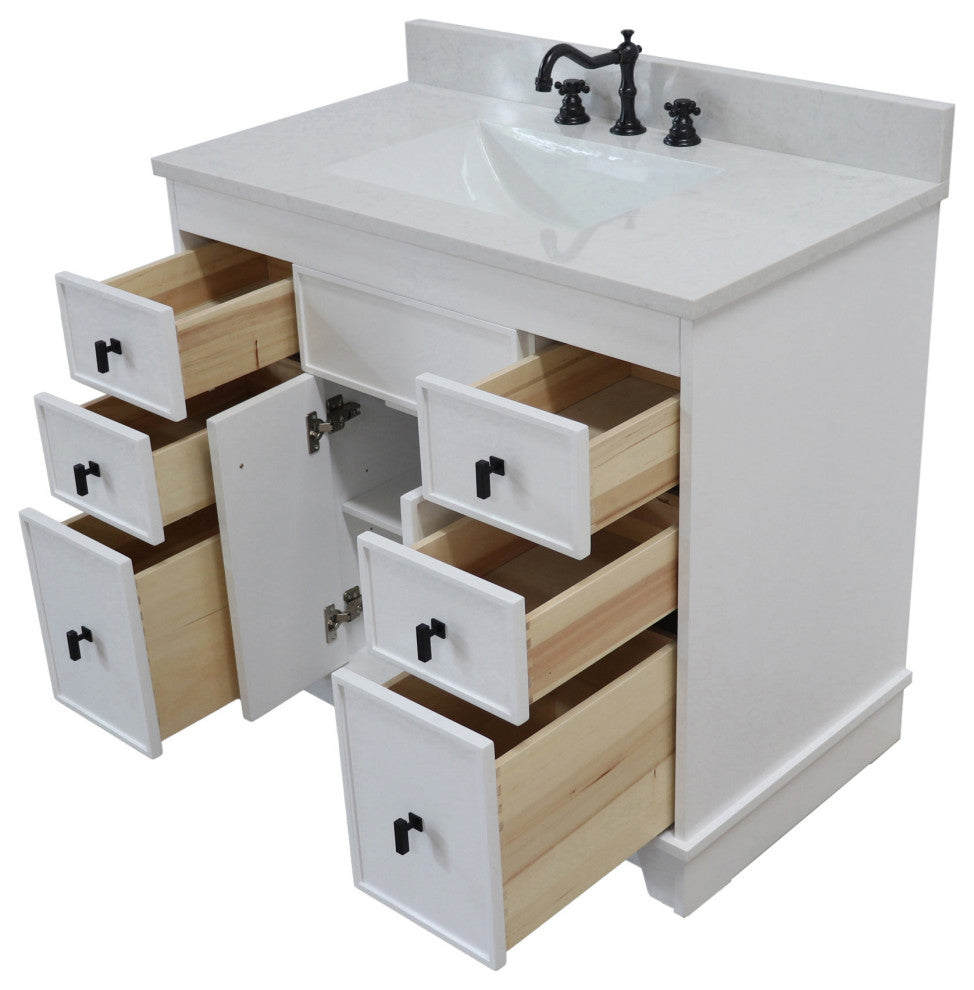 39" Single Sink Vanity, White Finish With Engineered Stone Top