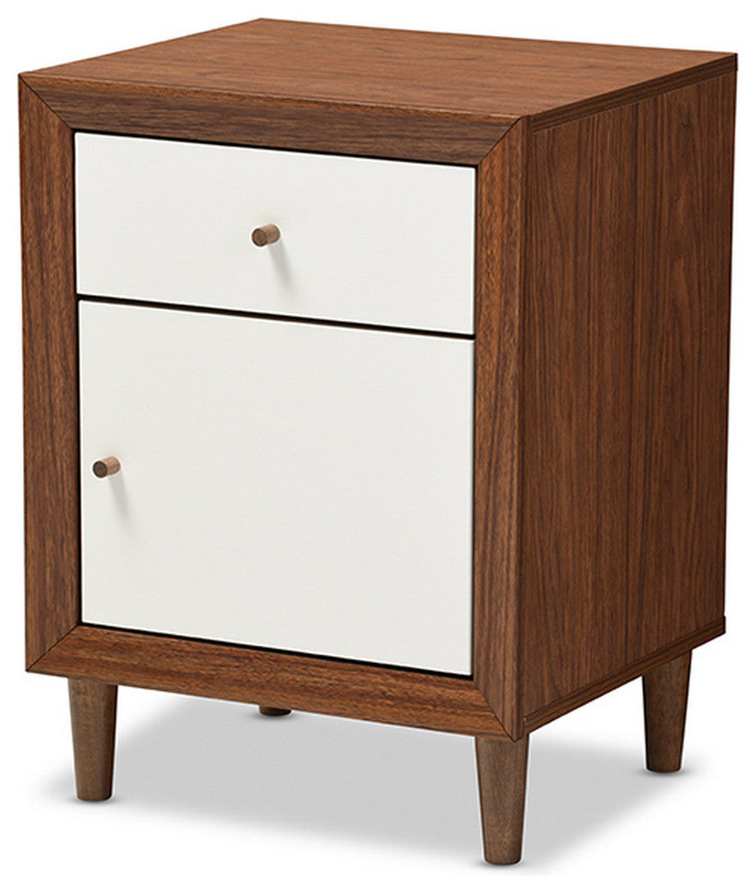 Urban Designs Harlow White and Walnut Wood 1-drawer and 1-door Nightstand
