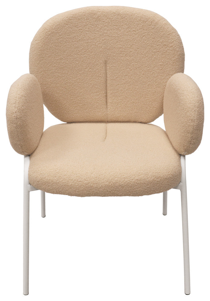Celestial Boucle Dining Chairs With Arms, White Iron Legs, Beige