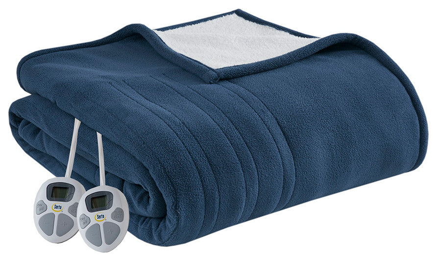 Serta Fleece to Sherpa Heated Fleece and Sherpa Bedding Blanket, Blue