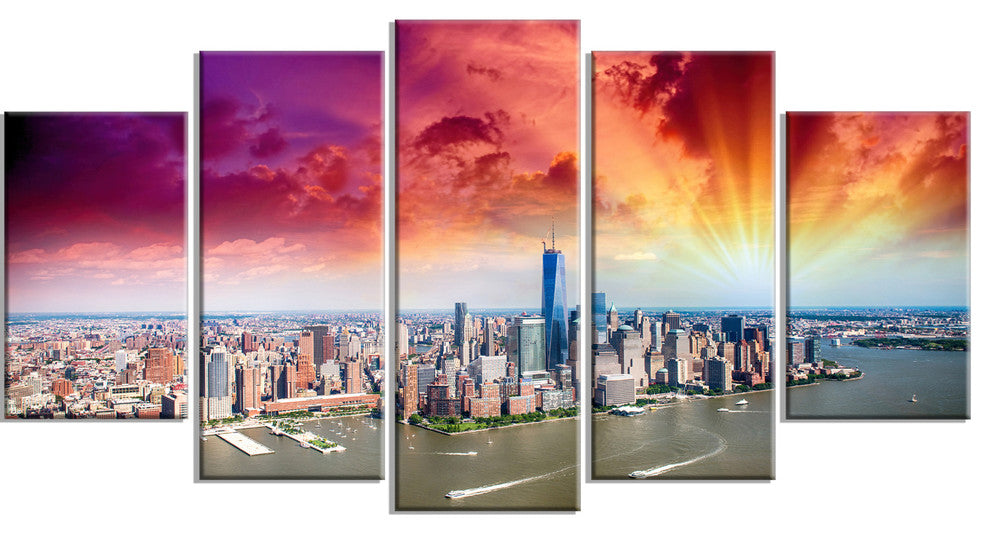 Colorful New York Skyline Aerial View, Cityscape Canvas Print, 60"x32", 5 Panels
