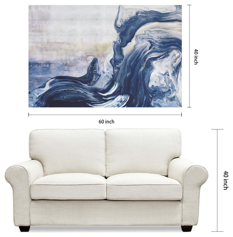 "Ocean Whispers" Blue Waves Rendered on Silver Shagreen Wrapped Canvas Wall Art