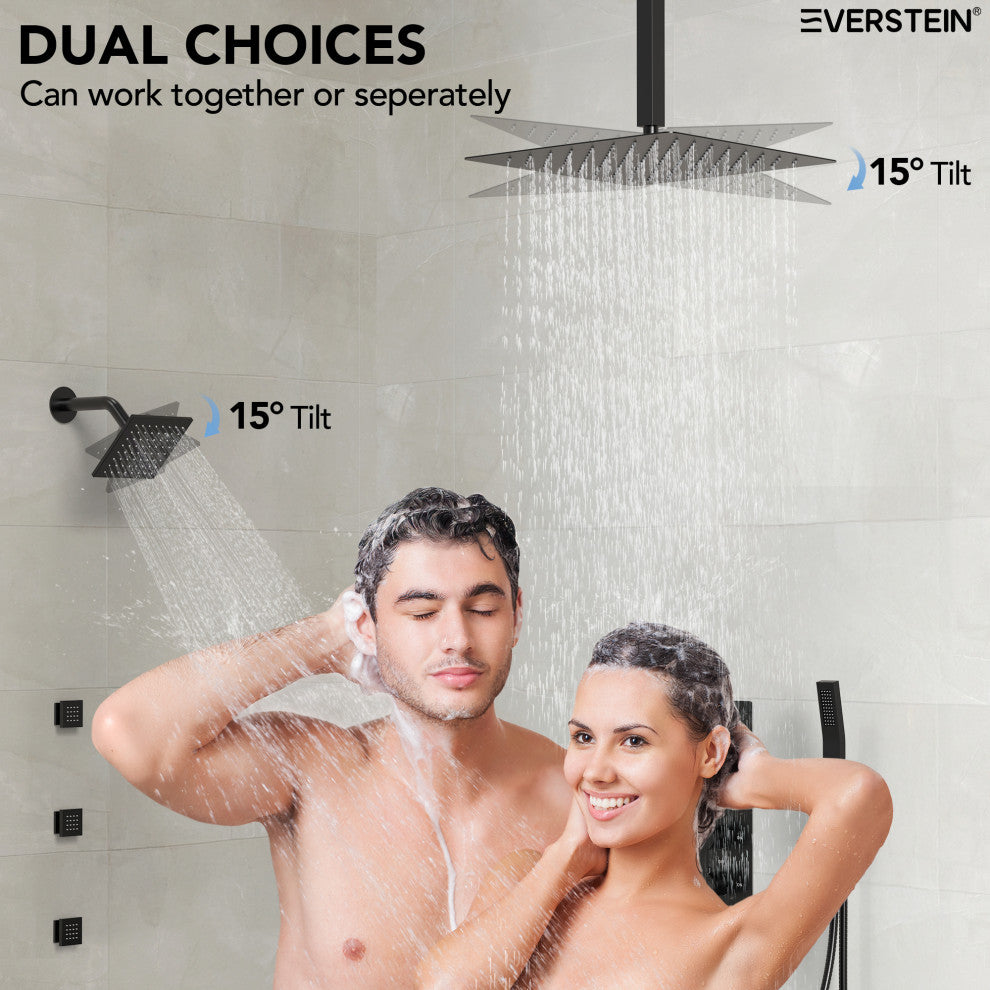 Dual Shower Heads 16" Thermostatic Shower System With Body Jets, Matte Black