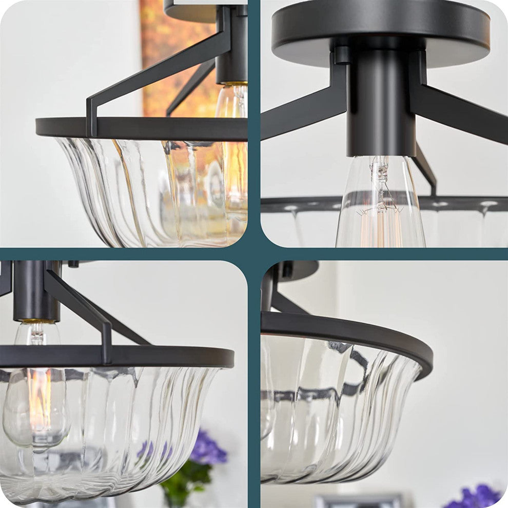Modern Farmhouse Semi Flush Mount Ceiling Lamp, Black, Glass