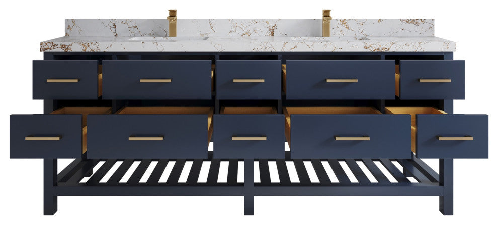 Parker 84" Double Sink Bath Vanity, Navy Blue 2" Viola Gold