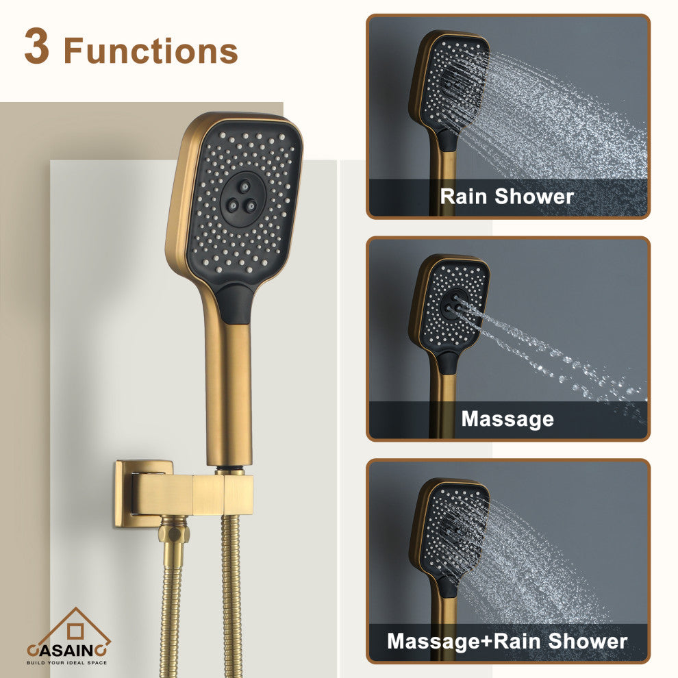 CASAINC 12" Ceiling Mounted Rainfall Shower System Set w Dual Shower Head, Brushed Gold