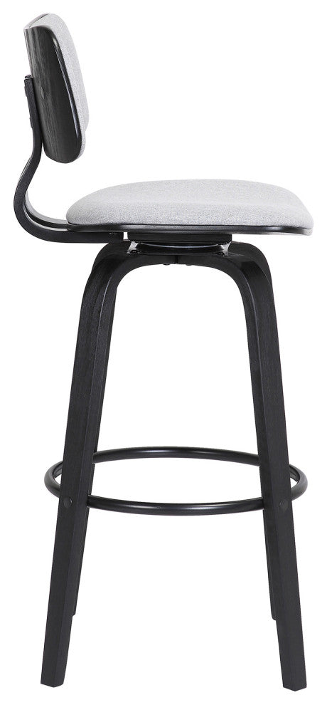 Pico 26" Swivel Black Wood Counter Stool, Light Gray Fabric With Black Metal, 26