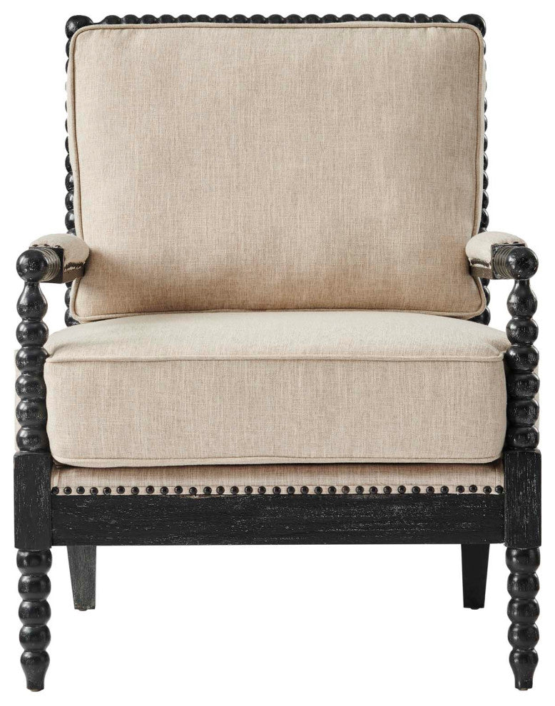 Armchair Accent Chair, Nailhead, Beige Black, Fabric, Modern, Cafe Hospitality