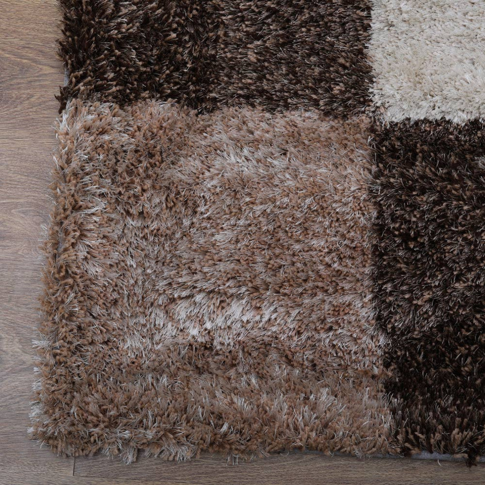 Hand Tufted Shag Polyester Area Rug Geometric Beige Brown K00018, [Rectangle] 8'x10'