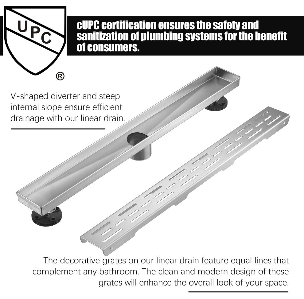 Linear Floor Drain with Removable Decorative Cover UPC certified, Brushed, 12"