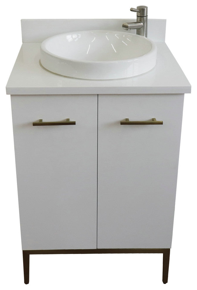 25" Single Sink Vanity, White Finish With Engineered Stone Top And Round Sink