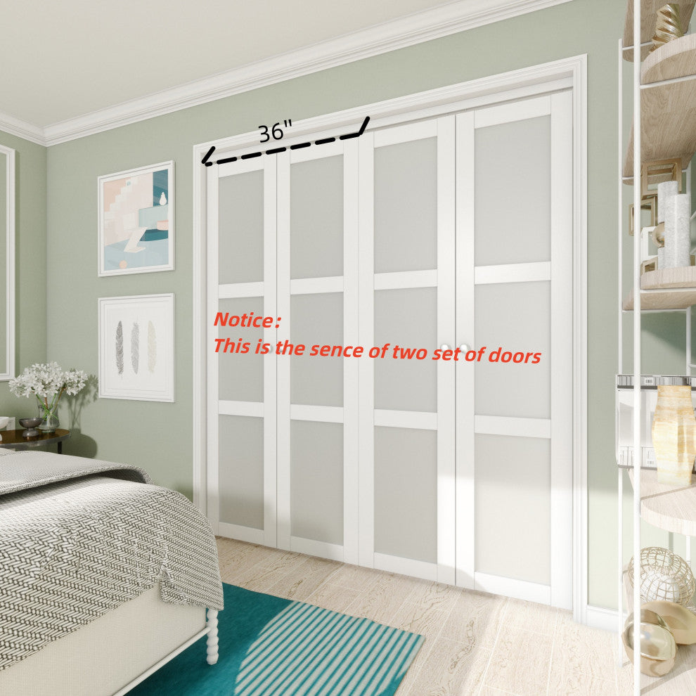 3-lite Frosted Glass Bi-Fold Door with Installation Hardware Kit, 36"w X 78"h