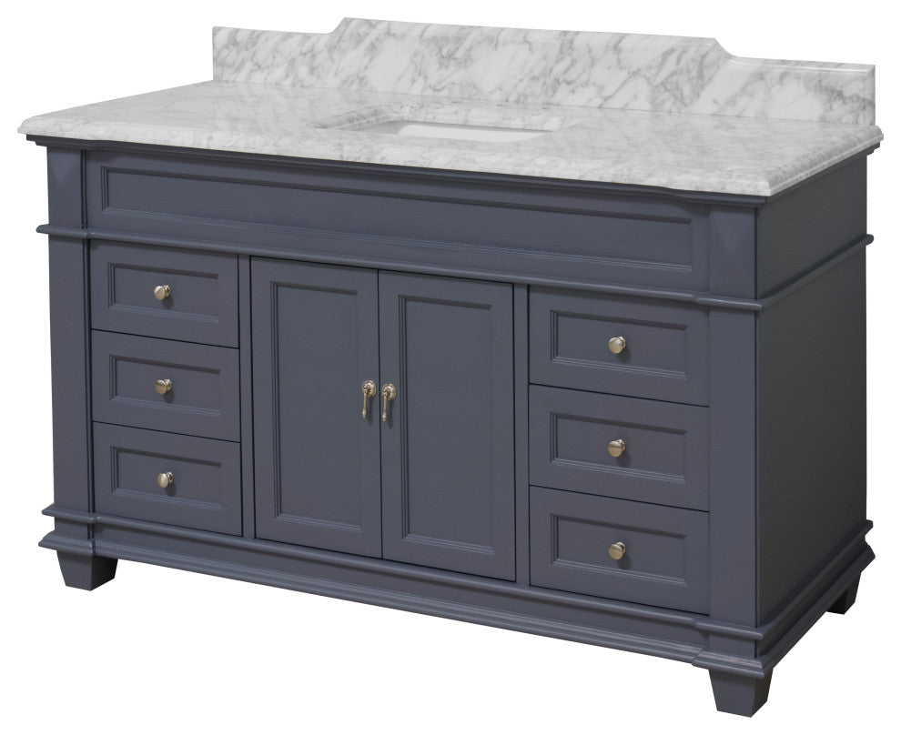 Elizabeth 60" Bathroom Vanity, Base: Marine Gray, Top: Carrara Marble, Single Vanity