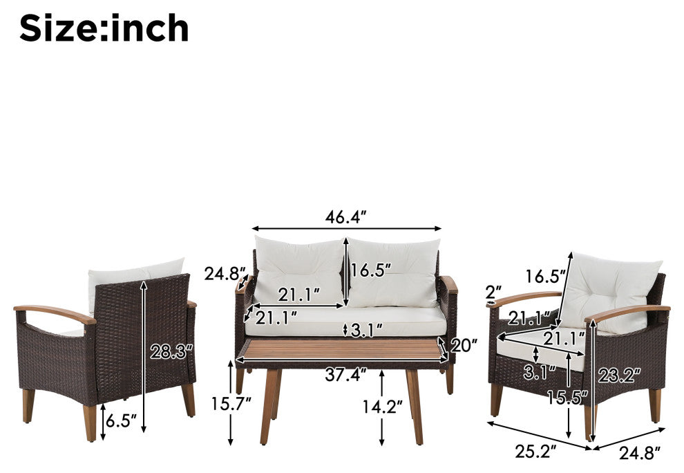 4-Piece Outdoor Wicker Patio Sofa Set with Wood Table and Removable Cushions, Beige