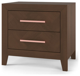Transitional Nightstand, 2 Drawers With Herringbone Pattern, Toasted Chestnut