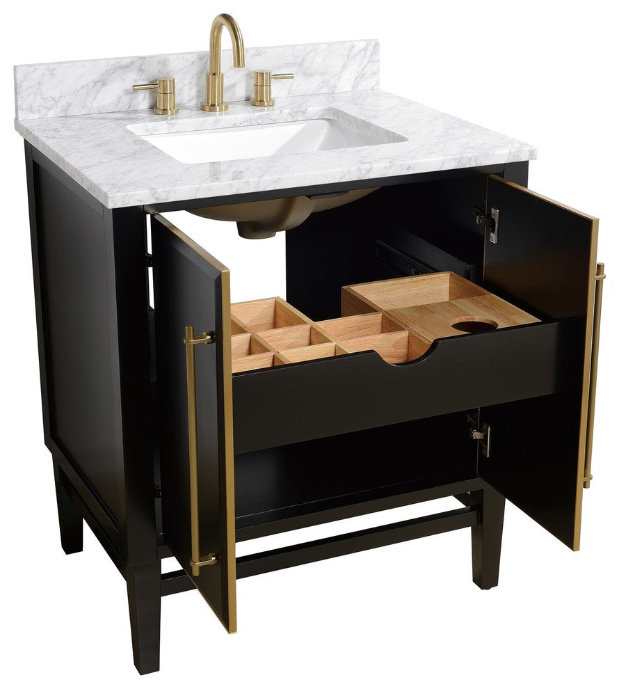 Mason 31" Vanity Combo, Black, Matte Gold Hardware / Natural 1" Carrara White Marble Countertop and Backsplash