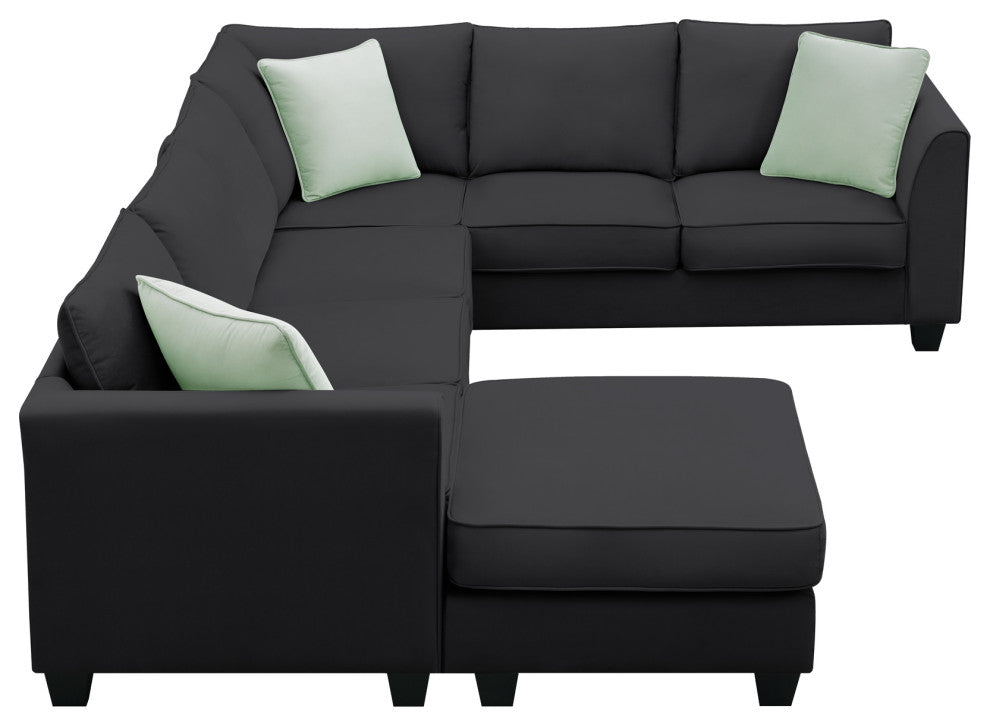 7-Seat Fabric Modular Sectional Sofa Couch Set with Ottoman and Pillows, Black