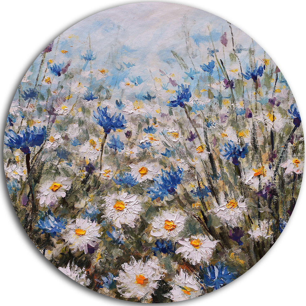 Glade Of Cornflowers And Daisies, Floral Round Wall Art, 11"