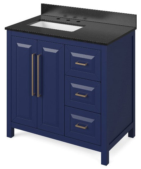 Cade Transitional 36" Hale Blue Left Offset Sink Vanity, Black Granite Vanity To