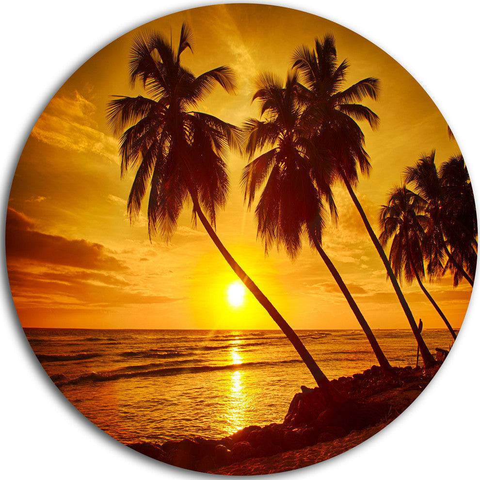 Beach Sunset In Island Barbados, Seascape Round Metal Wall Art, 11"