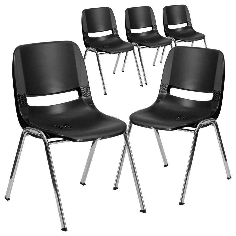 Set of 5 Multipurpose Stack Chairs, Chrome Frame With Vented Plastic Back, Black