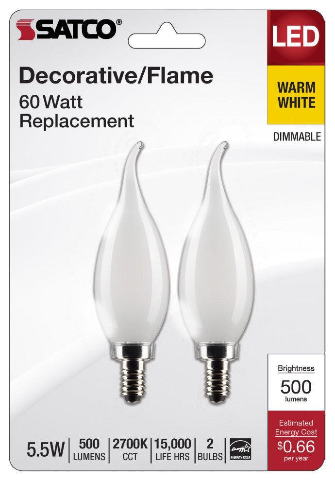 5.5W CA10 LED, Frosted, Candelabra Base, 2700K, 500 Lumens, 120V, 2-Pack