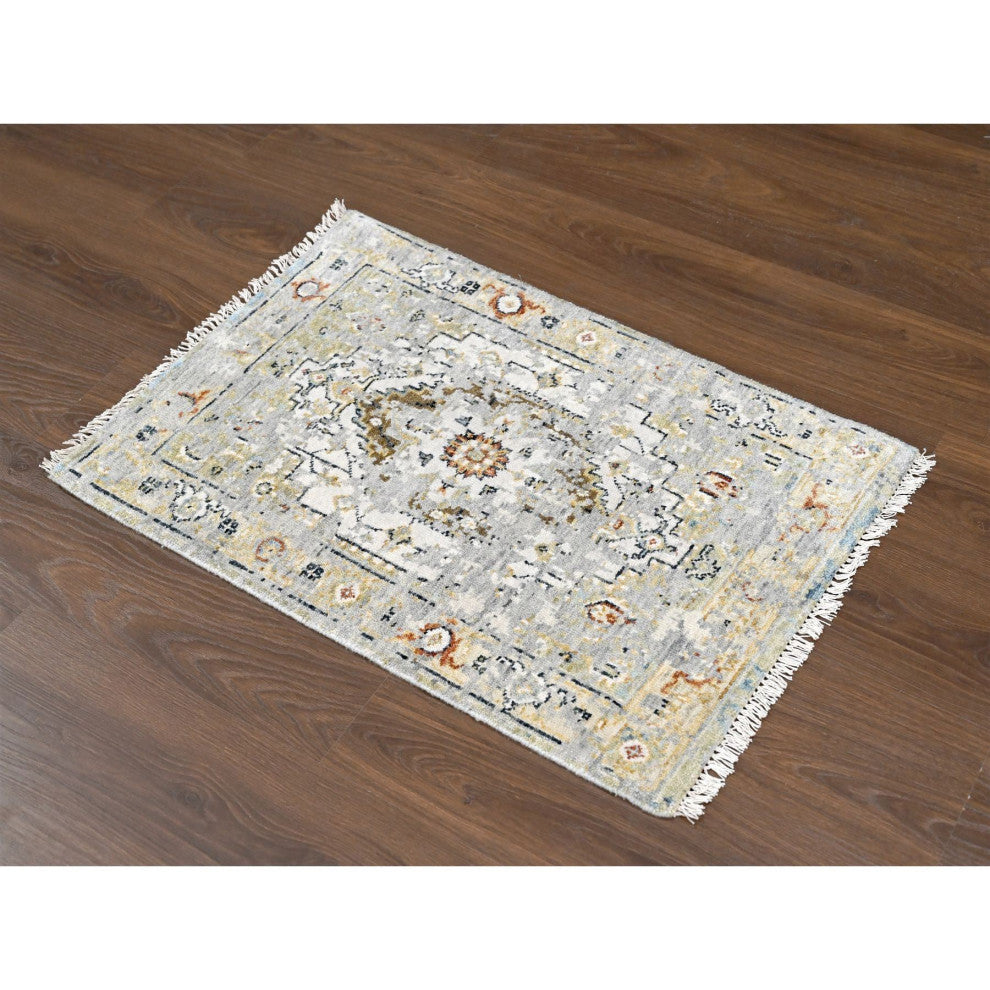 Smoky White Broken And Erased Heris Design Wool Mat Oriental Rug, 2'x3'