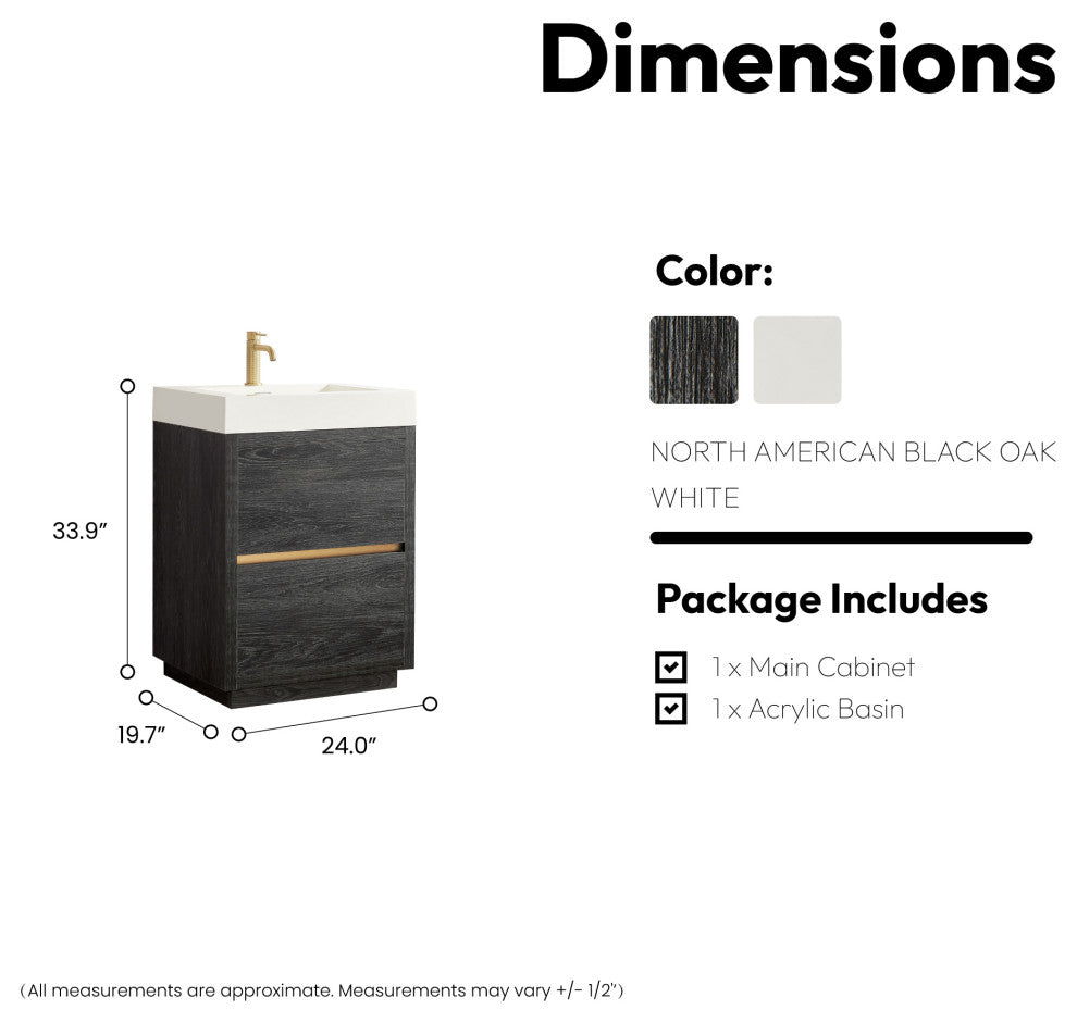 Huesca Bath Vanity, Integrated Sink Top, North American Black Oak, 24", Without Mirror