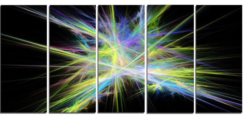 Yellow Blue Chaos Multicolored Rays, Abstract Canvas Wall Art, 60"x28", 5 Panels