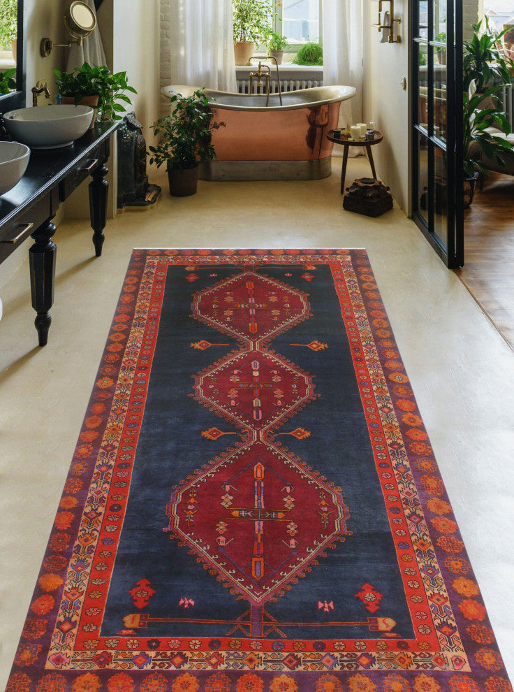 Fine Vintage Distressed Kassandr Navy/Gold Runner, 4'11x10'2