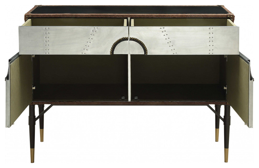 52" X 21" X 40" Brown Top Grain Leather And Aluminum Console Table