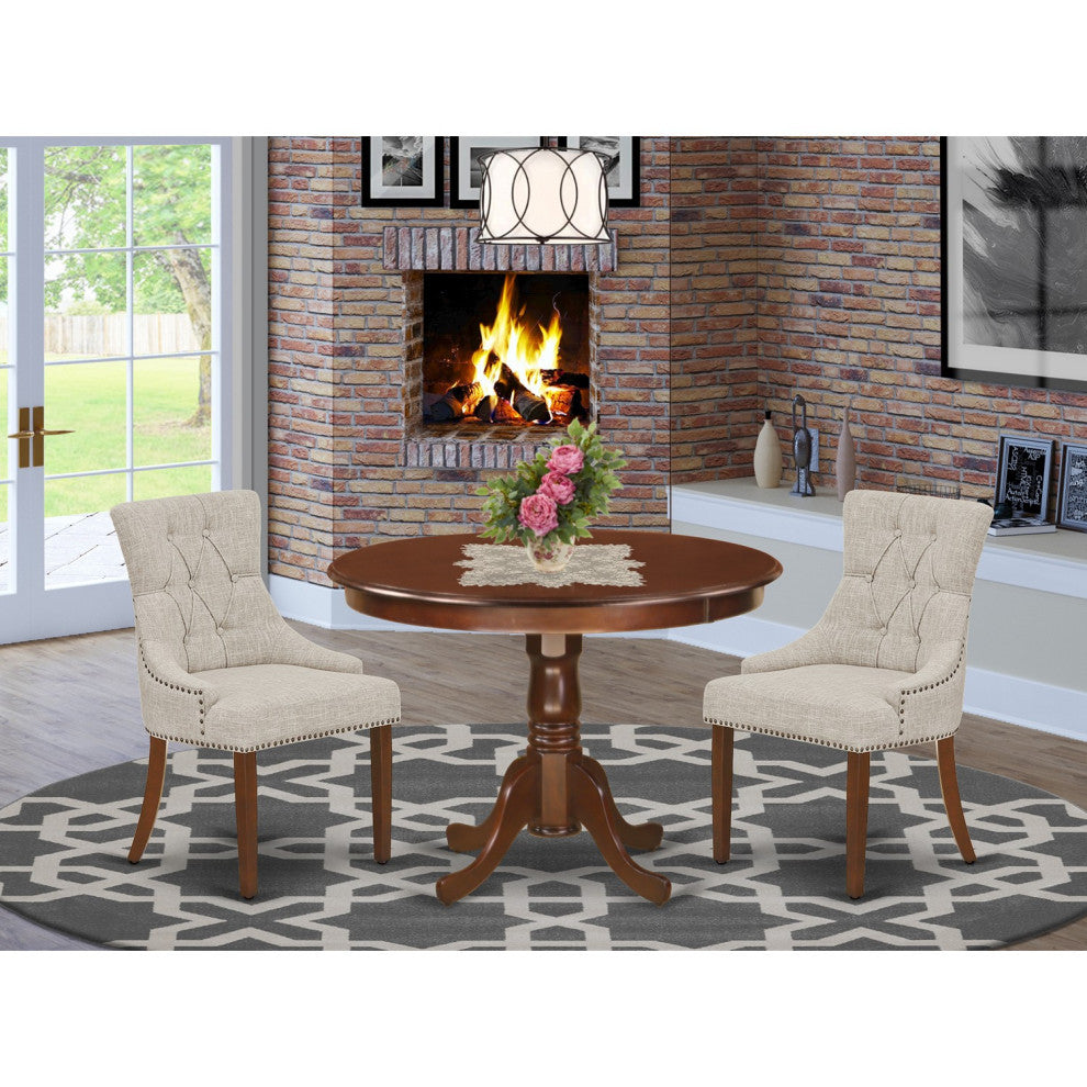 3Pc Dinette Set, Rounded Table, Two Parson Chairs, Doeskin Fabric, Mahogany