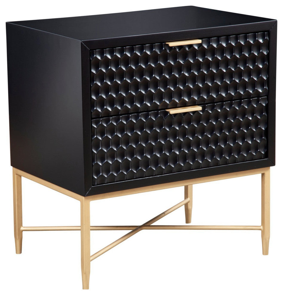 Benzara BM284258 Rexi 26" 2 Drawer Nightstand, Honeycomb Wood, Black, Gold