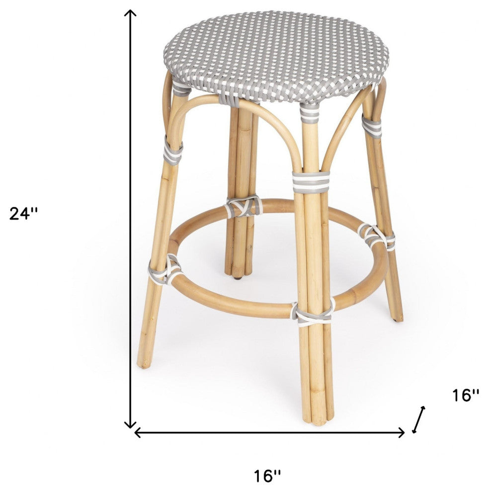 24" Natural Gray and White Rattan Backless Counter Height Bar Chair