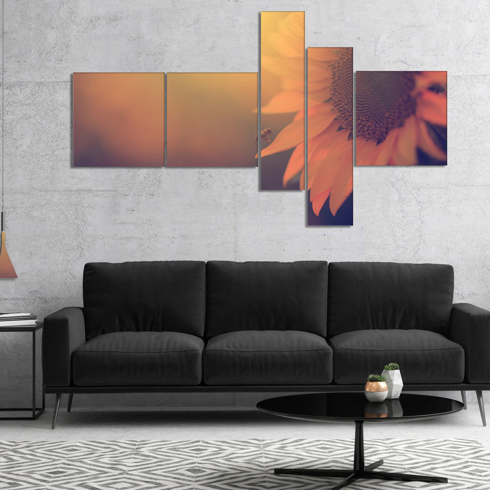 Vintage Photo Of Sunflower Close up, Floral Canvas Art, 60"x32", 5 panels