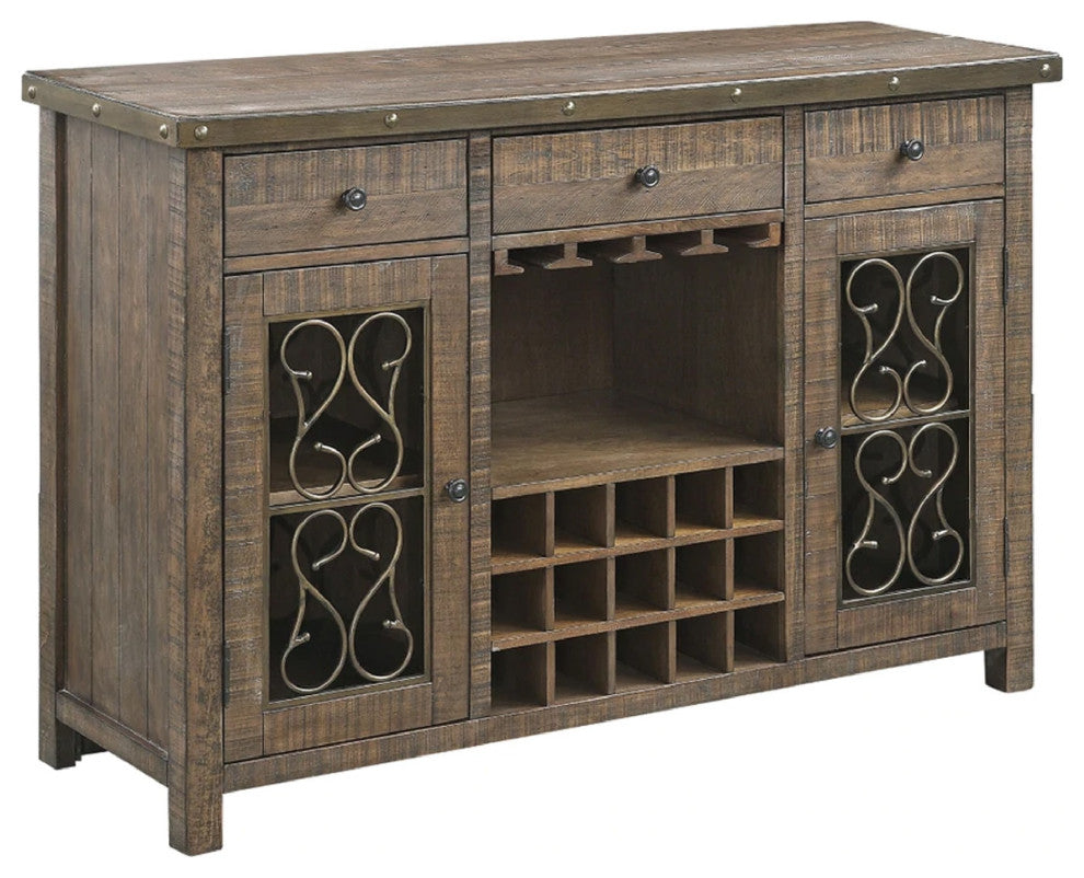 Benzara BM275677 Wood Sideboard Wine Bar Cabinet, Metal Scroll, Rustic Brown