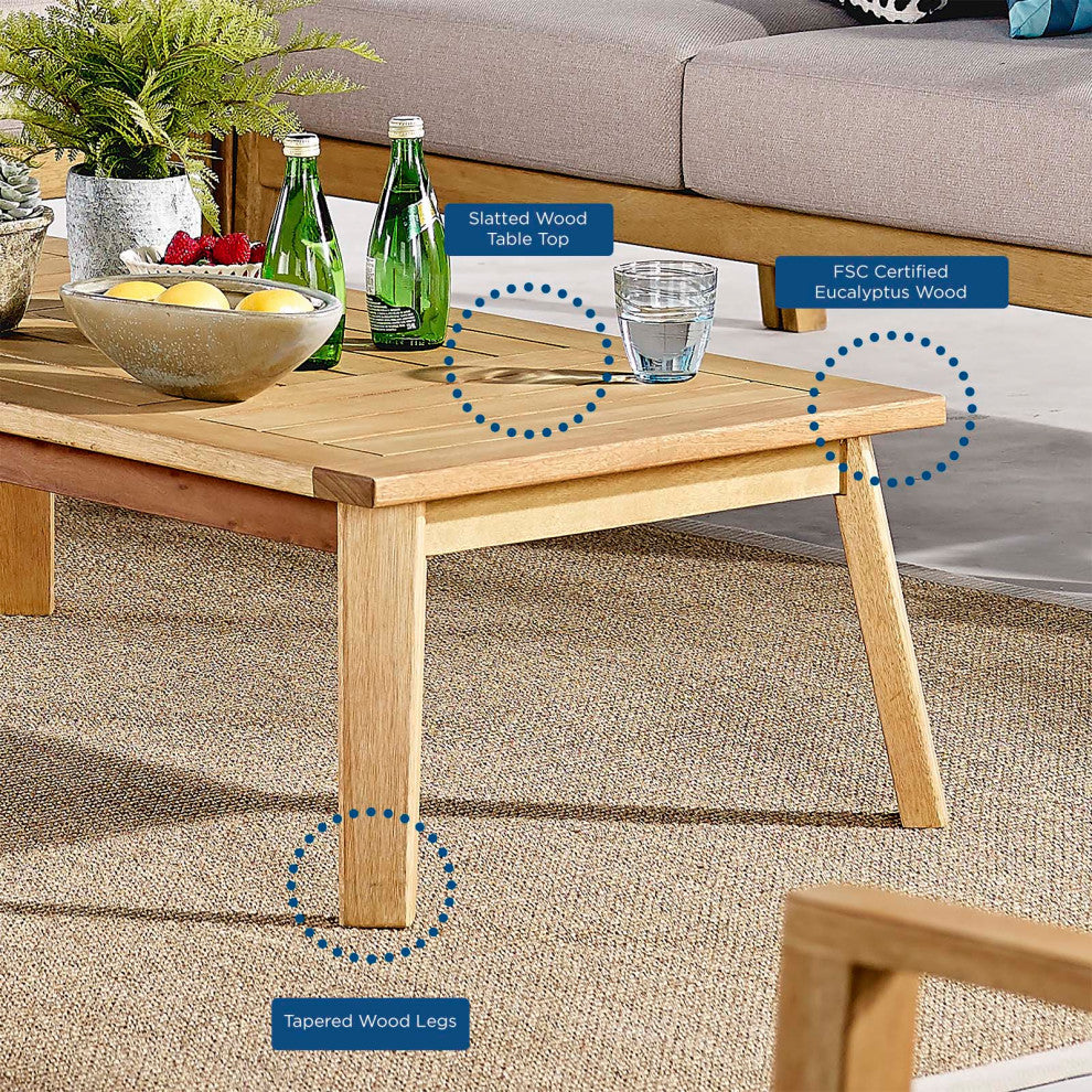 Lounge Coffee Table, Rectangular, Wood, Brown Natural, Modern, Outdoor Patio