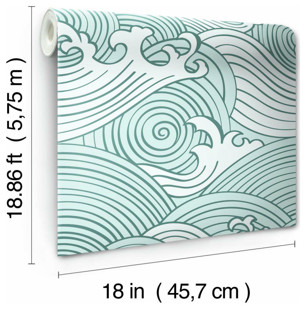 Teal & White Asian Waves Peel & Stick Wallpaper