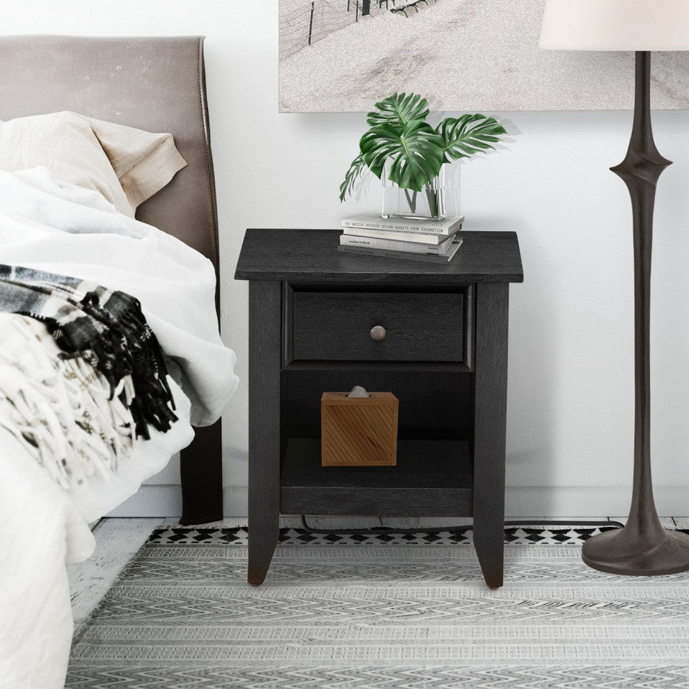 Nightstand Bedroom, 1 Wooden Drawer, Wire Brushed Black Finish