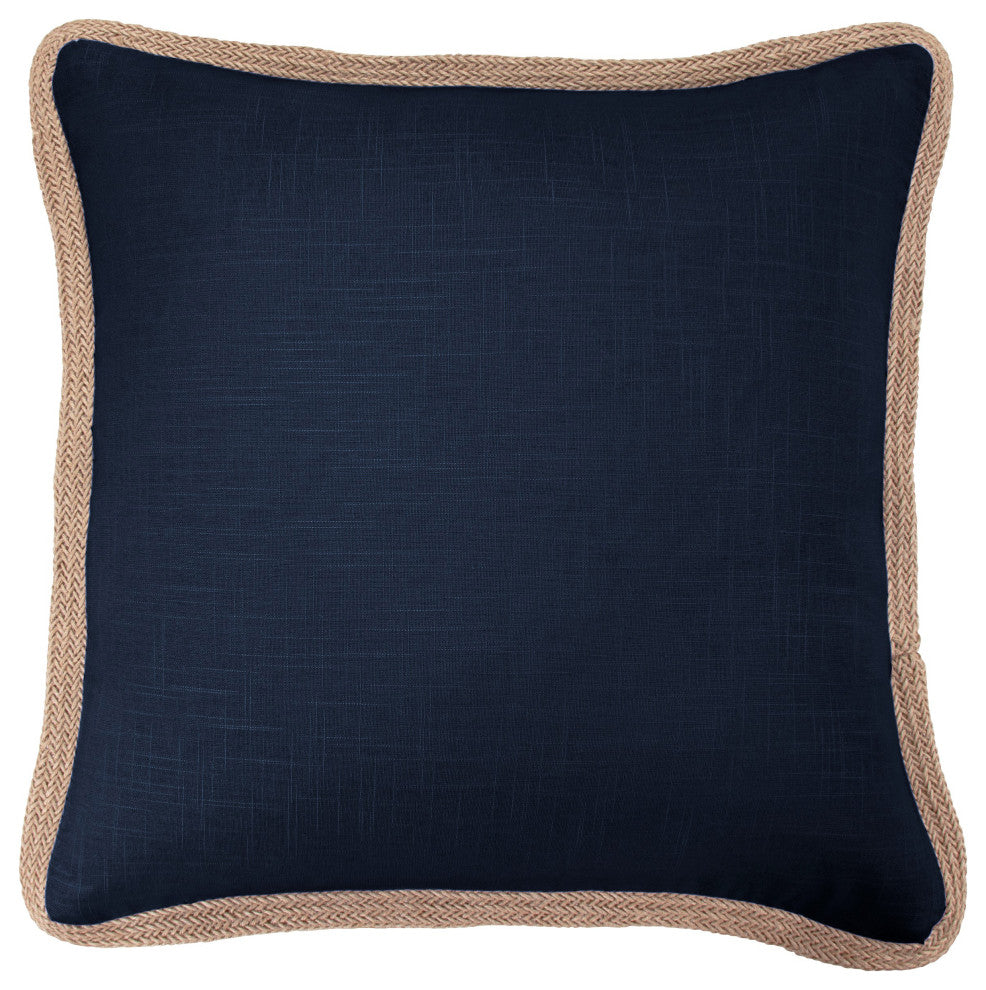 Washed Linen Jute Trimmed Euro Sham, 27"x27", Navy, 1 Piece
